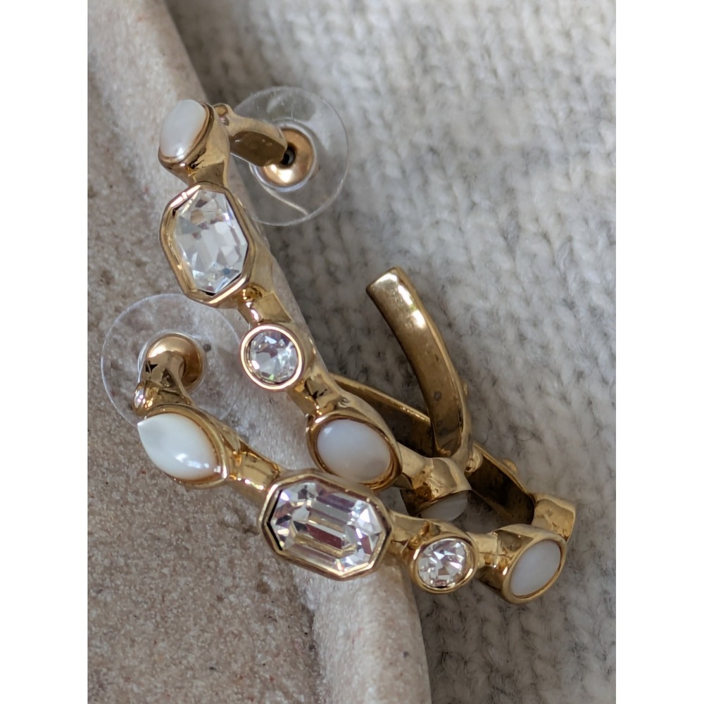 Graziano Gold Tone‎ Hoop Earrings Bezeled Rhinestone White Cabochon Bridal Glam
